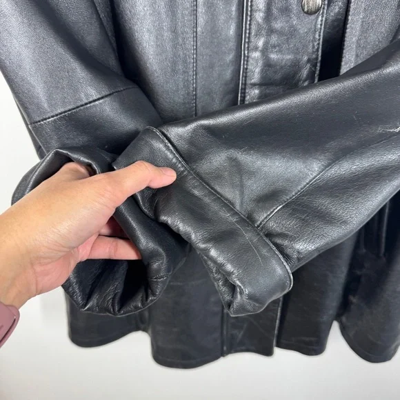 Bod & Christensen Black Leather Coat Size L Quilted Lined Hooded Jacket - Picture 8 of 16